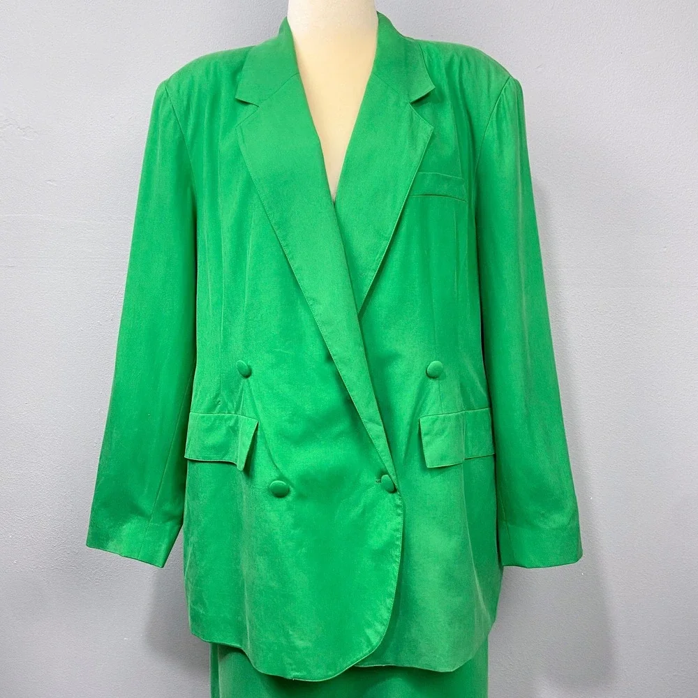 Vintage 80s Apart Skirt Suit Sz 16 Green Silk Power Bold Maximalist Matching Set